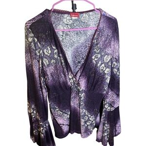Sugarcane Purple Pink and Cream Bell Sleeve Blouse 3X Fits L or XL